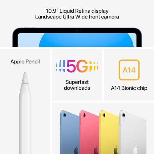 Apple iPad (10th Generation): with A14 Bionic chip, 10.9-inch Liquid Retina Display, 64GB, Wi-Fi 6 + 5G Cellular, 12MP front/12MP Back Camera, Touch ID, All-Day Battery Life – Silver