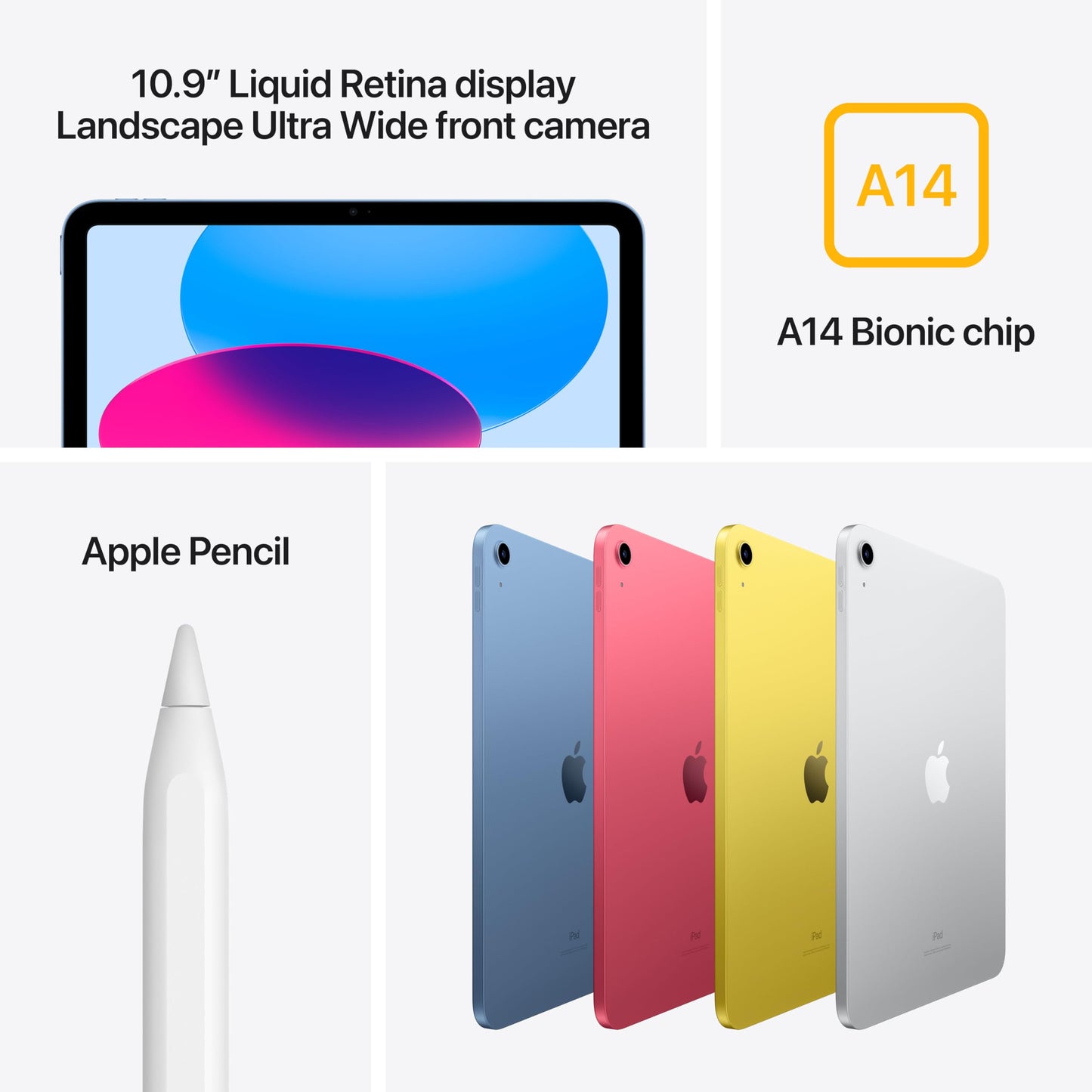 Apple iPad (10th Generation): with A14 Bionic chip, 10.9-inch Liquid Retina Display, 64GB, Wi-Fi 6 + 5G Cellular, 12MP front/12MP Back Camera, Touch ID, All-Day Battery Life – Silver